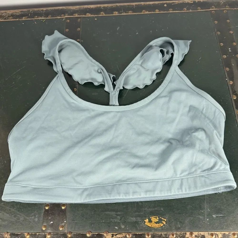 JoyLab Women L Large Sports Bra Storm Blue Gray Ruffle Strap Racerback Athletic